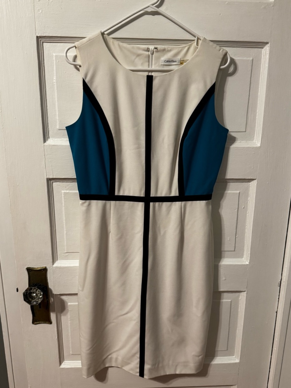 Calvin Klein Cream Sheath Dress with Teal Panels and Black Trim